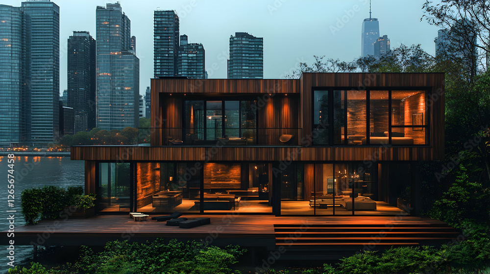 Modern lakefront house, city skyline backdrop, evening lighting, luxury real estate Modern lakefront house, city skyline backdrop, evening lighting, luxury real estate