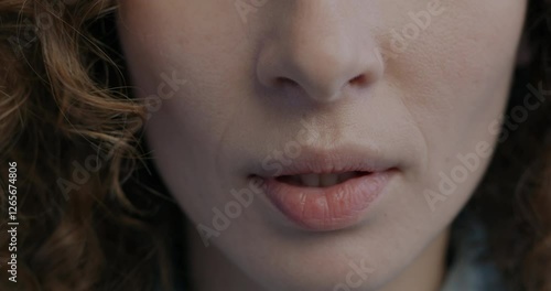 Close-up of female mouth while nervous anonymous woman biting and pursing lips feeling insecure and hurt. People and negative emotion concept.