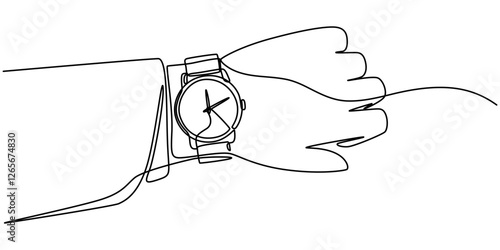 Hand wearing a wristwatch in continuous line drawing. Minimalist illustration for beauty and fashion, Continuous single line sketch drawing of people hand wearing wrist watch. One line art of business