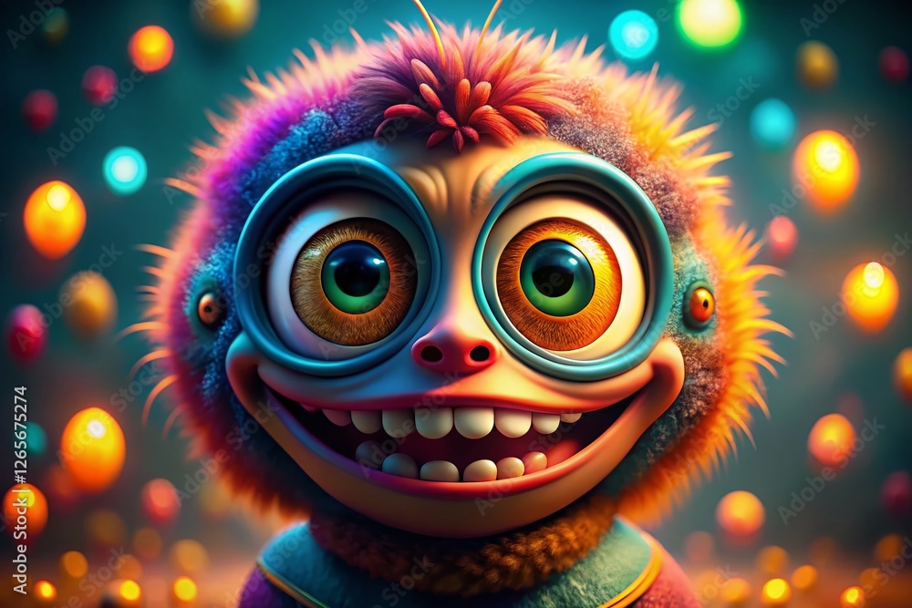 Naklejka premium Cute Big-Eyed 3D Cartoon Character with Bokeh Background - Fun Stock Photo