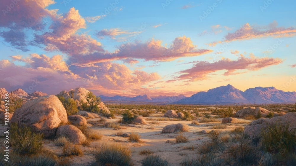 Naklejka premium A tranquil desert scene with scattered boulders under a soft pastel sunset, highlighting the beauty of arid landscapes.