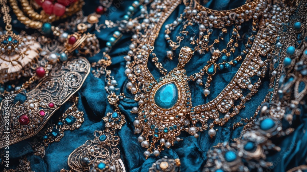 Fototapeta premium Exquisite Collection of Antique Jewelry on Elegant Fabric Surface