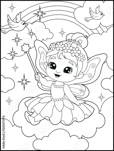 Black and white fairy coloring pages for kids. Children's coloring books with cute cartoon fairy characters, fun and educational materials for kindergarten.
