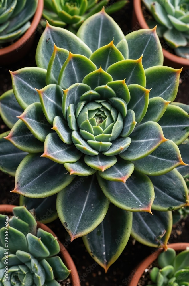 A close-up of a succulent plant with layered green leaves in terracotta pots. A close-up of a succulent plant with layered green leaves in terracotta pots.