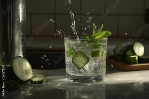 Refreshing mint and cucumber drink with splashes, featuring fresh mint leaves and cucumber slices, perfect for sugar-free diet drinks. Concept: mint and cucumber drink for healthy choices photo