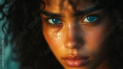Wallpaper Mural Intense gaze of a young woman with bright blue eyes and curly hair against a blurred background Torontodigital.ca