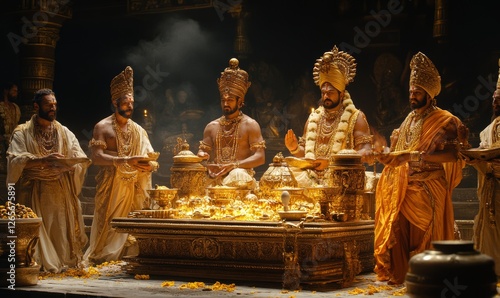 Golden Calf Worship Scene Depicting Idolatry in Religious Historical Context with Ornate Gold Decorations and Sacred Ritual Elements, Generative AI