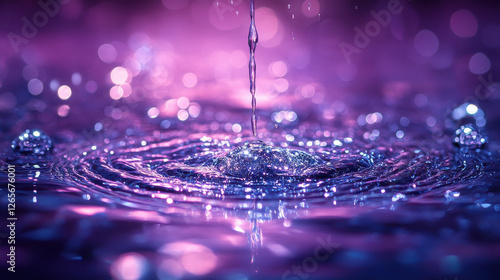 Captivating water droplets create ripples in vibrant purple background, showcasing beauty of nature elements. interplay of light and water evokes sense of tranquility and wonder