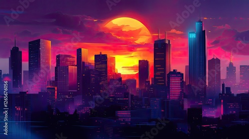 Wallpaper Mural A vibrant cyberpunk-style city glowing with neon lights, towering skyscrapers, and a stunning sunset backdrop. Torontodigital.ca