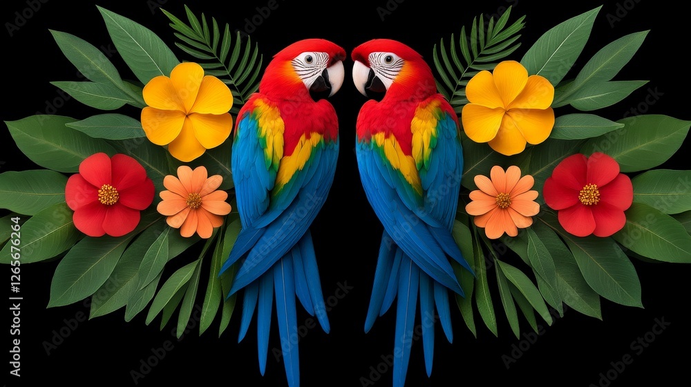 Fototapeta premium Vibrant Tropical Kaleidoscope with Colorful Macaws and Flowers