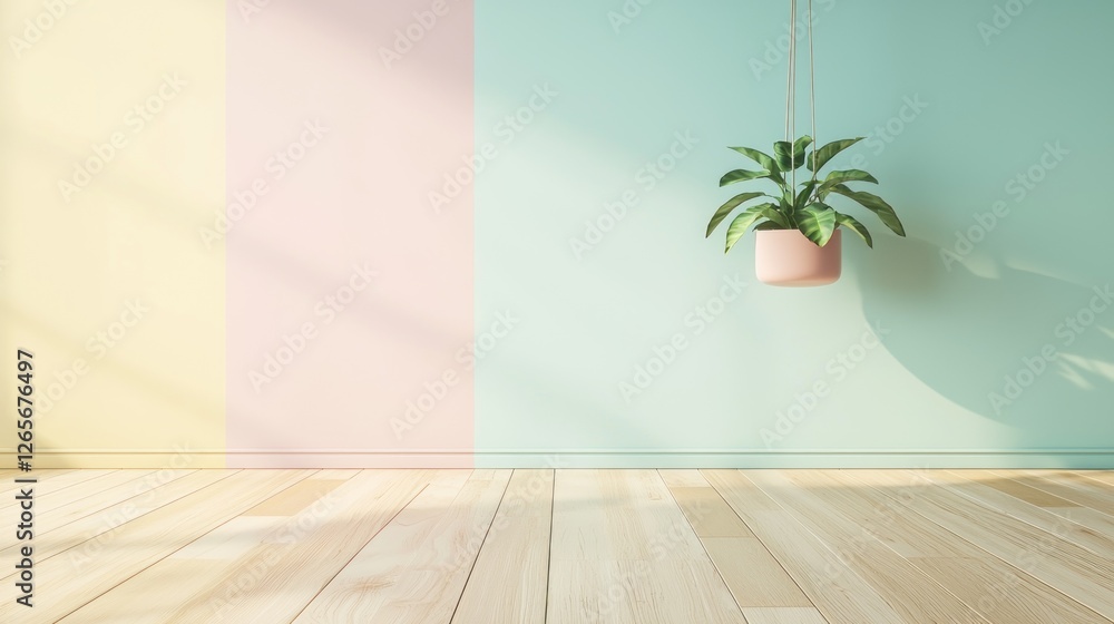 Pastel colored room with hanging plant, sunlight, and wooden floor Pastel colored room with hanging plant, sunlight, and wooden floor