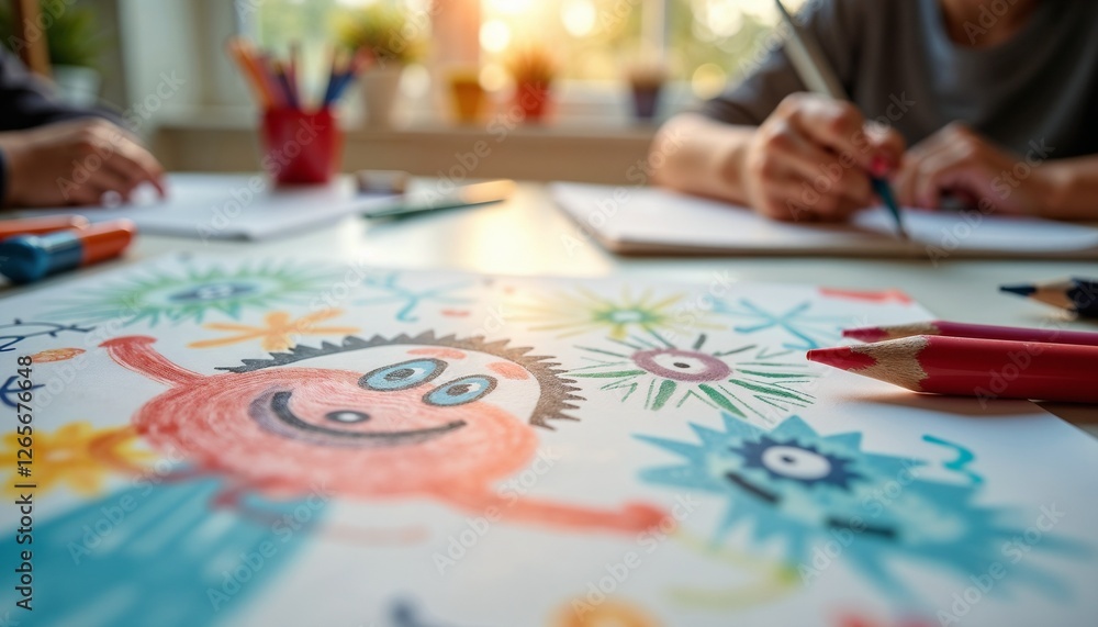 Whimsical Child's Crayon Creation with Abstract Shapes in Vibrant Colors Against Creative Space Whimsical Child's Crayon Creation with Abstract Shapes in Vibrant Colors Against Creative Space