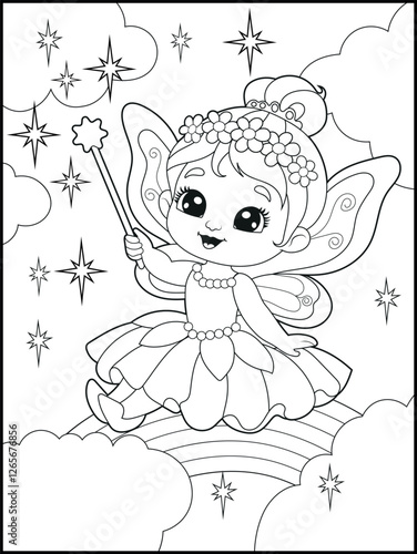 Black and white fairy coloring pages for kids. Children's coloring books with cute cartoon fairy characters, fun and educational materials for kindergarten.
