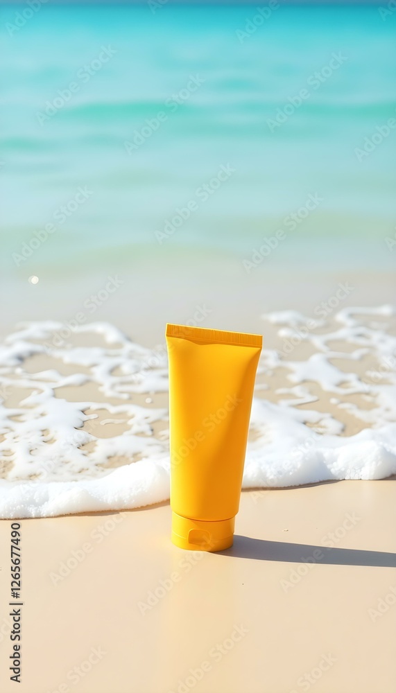 sunscreen tube on sand near the ocean, concept of sun protection and summer skincare sunscreen tube on sand near the ocean, concept of sun protection and summer skincare