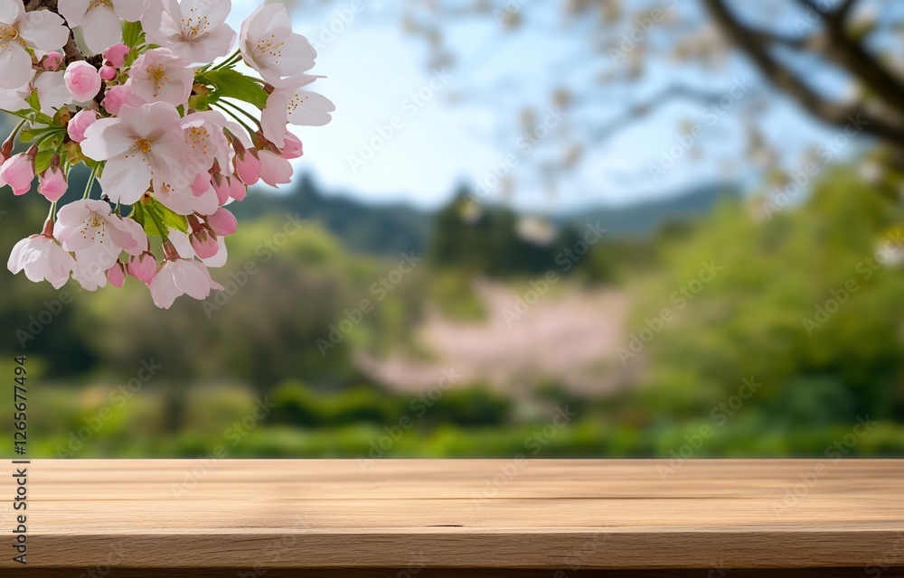Cherry blossoms adorn spring, landscape backdrop, wooden table top. Template Cherry blossoms adorn spring, landscape backdrop, wooden table top. Template