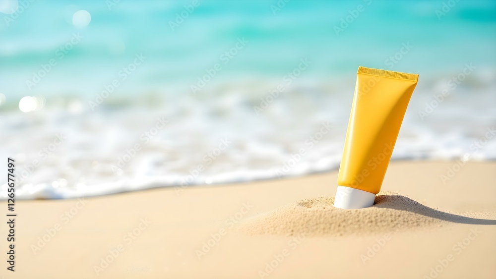 sunscreen tube on sand near the ocean, concept of sun protection and summer skincare sunscreen tube on sand near the ocean, concept of sun protection and summer skincare