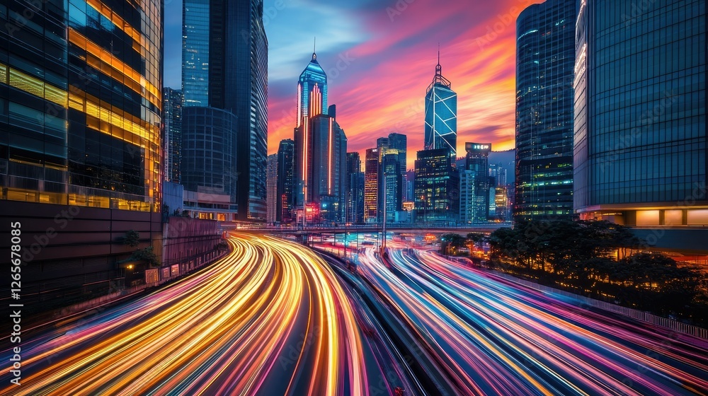 Dynamic neon light trails streaking across a futuristic city skyline at sunset, creating a cyberpunk atmosphere. Dynamic neon light trails streaking across a futuristic city skyline at sunset, creating a cyberpunk atmosphere.