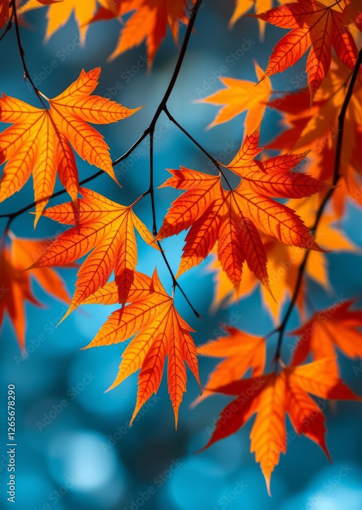 Close-up of vibrant orange and yellow maple leaves against a soft blue bokeh background bokeh red bokeh abstract background glow design light texture effect sparkle Close-up of vibrant orange and yellow maple leaves against a soft blue bokeh background bokeh red bokeh abstract background glow design light texture effect sparkle