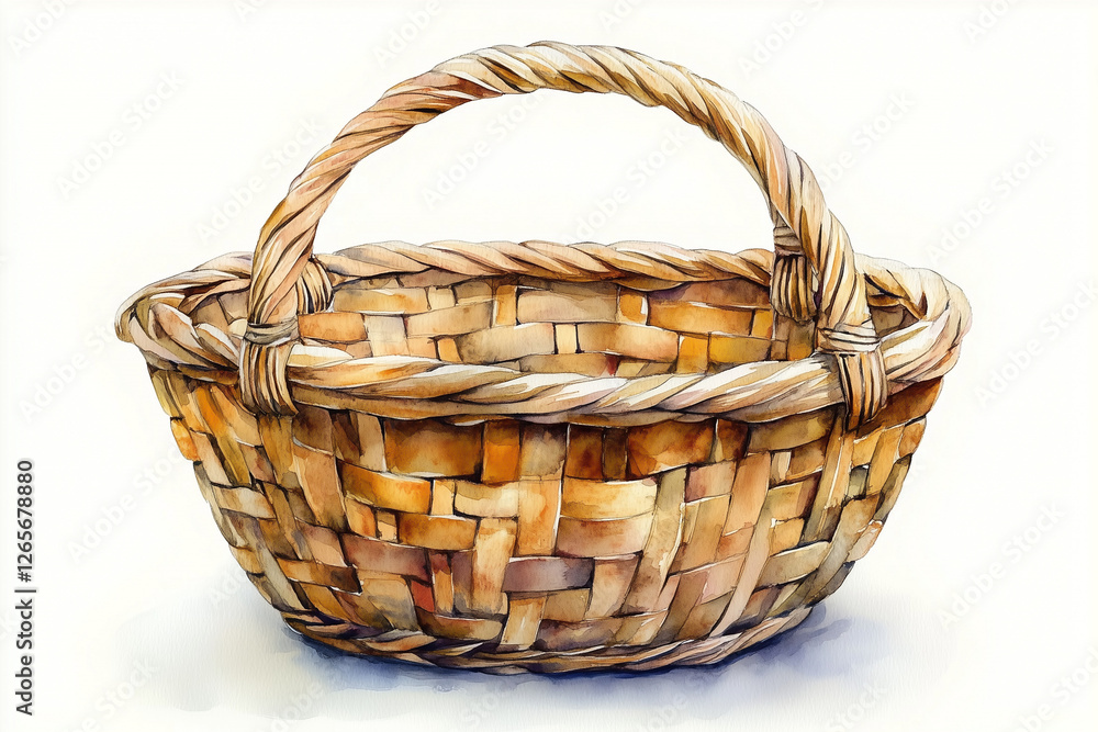 Obraz premium Watercolor wicker basket. Illustration clipart isolated on white background.