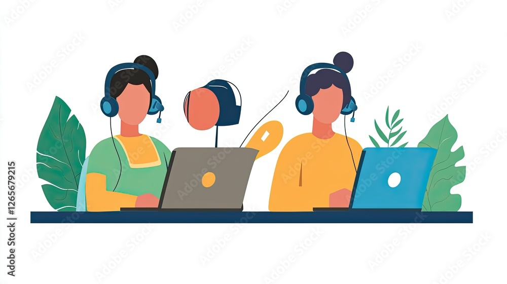Three professional support agents wearing headsets, each working on a laptop, symbolizing teamwork and efficiency. Three professional support agents wearing headsets, each working on a laptop, symbolizing teamwork and efficiency.