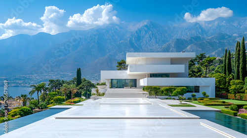 Modern white villa overlooking lake and mountains; luxury real estate