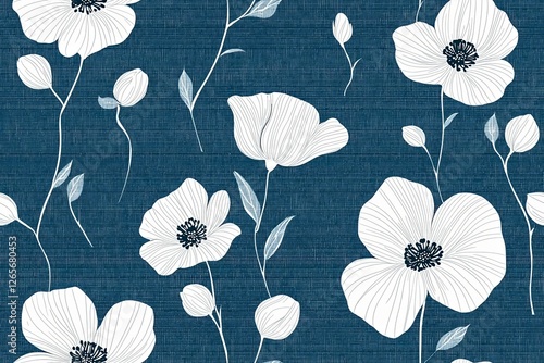 A seamless floral pattern featuring white flowers and buds on a textured blue background.
