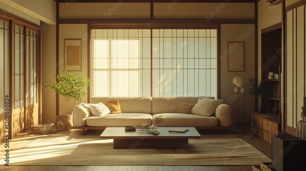 Minimalist japanese style living room with soft light and neutral colors Minimalist japanese style living room with soft light and neutral colors