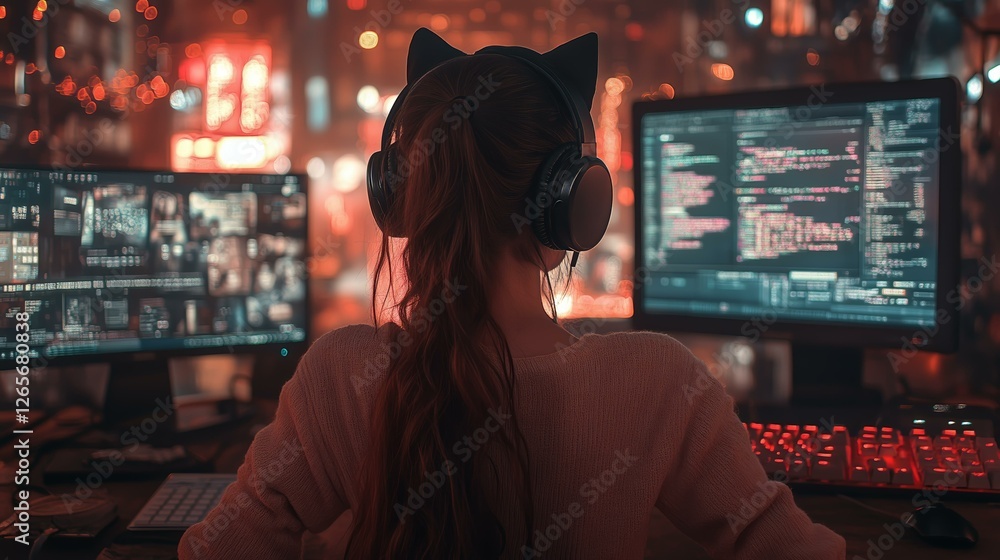 Gamer girl with headphones coding in neon-lit room: nighttime tech vibes and cyber aesthetics Gamer girl with headphones coding in neon-lit room: nighttime tech vibes and cyber aesthetics