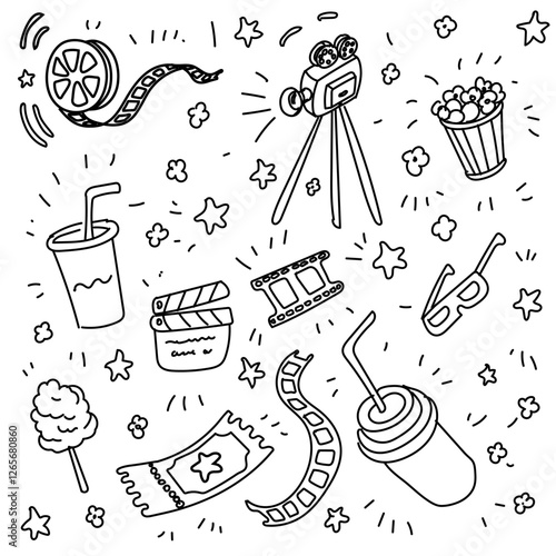 Set of Cinema outline doodle hand drawn vector illustration Camera, film clapperboard, reel, film movie sketch icons
