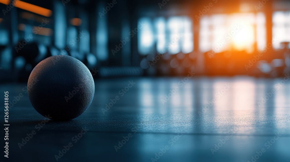 A close-up view of a textured exercise ball resting on a gym floor, illuminated by warm evening light, This image is ideal for fitness-related content, promoting workouts, or gym environments,