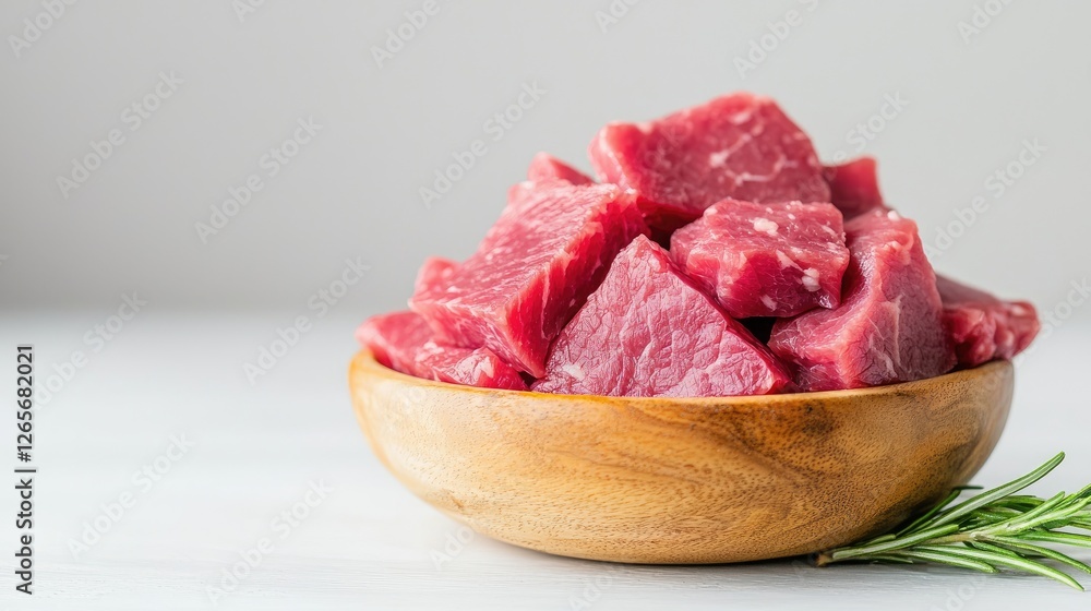 Fresh beef cubes in bowl, rosemary sprig, white background; food photography for recipe Fresh beef cubes in bowl, rosemary sprig, white background; food photography for recipe