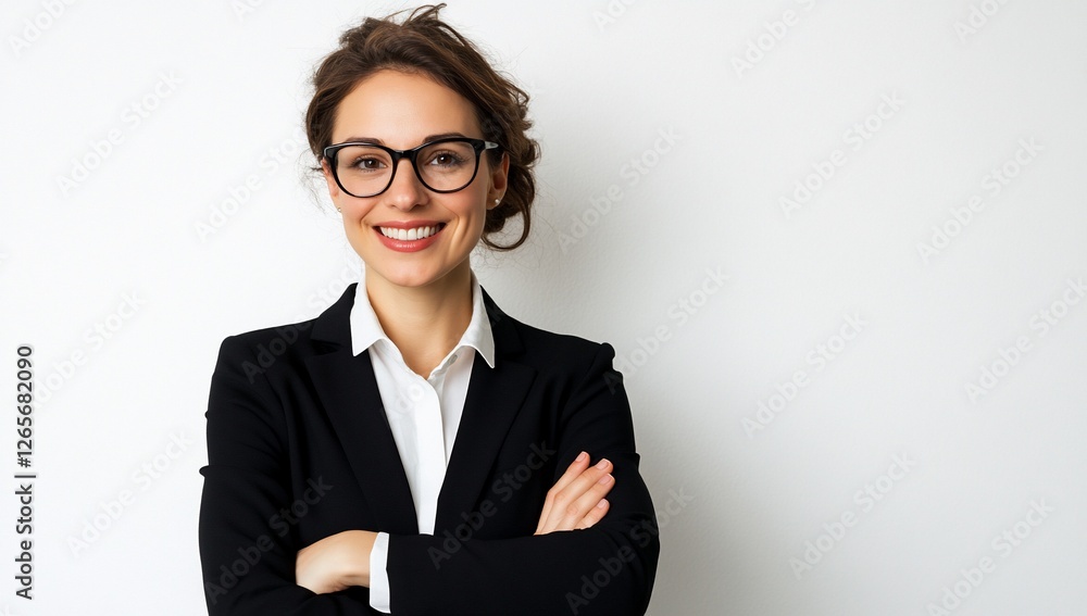 Smiling woman portrait wearing glasses and formal suit in the office for career use Smiling woman portrait wearing glasses and formal suit in the office for career use