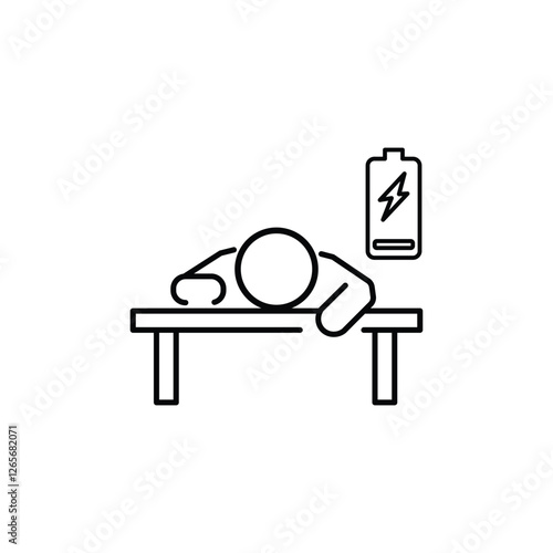 tired person in the workplace, tiredness or burnout icon, low level energy in work battery, exhausted and sleepy man, thin line symbol - editable stroke vector