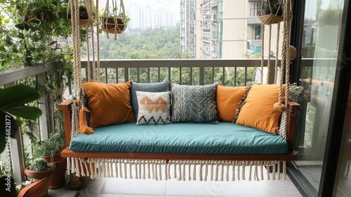 Balcony with a swing bed and various decorative plants photo