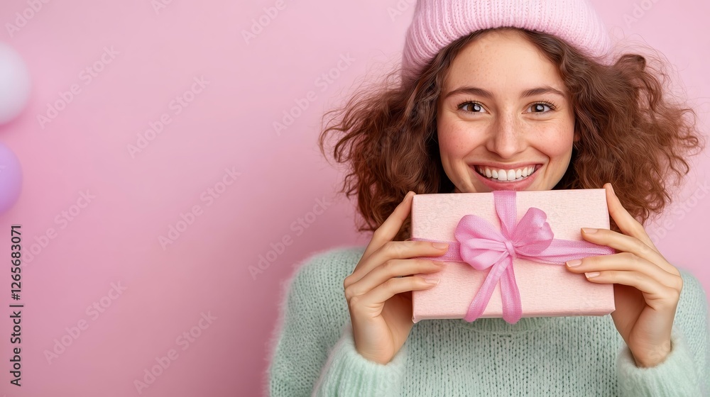 Smiling woman in cozy sweater holding gift box against pink background Smiling woman in cozy sweater holding gift box against pink background