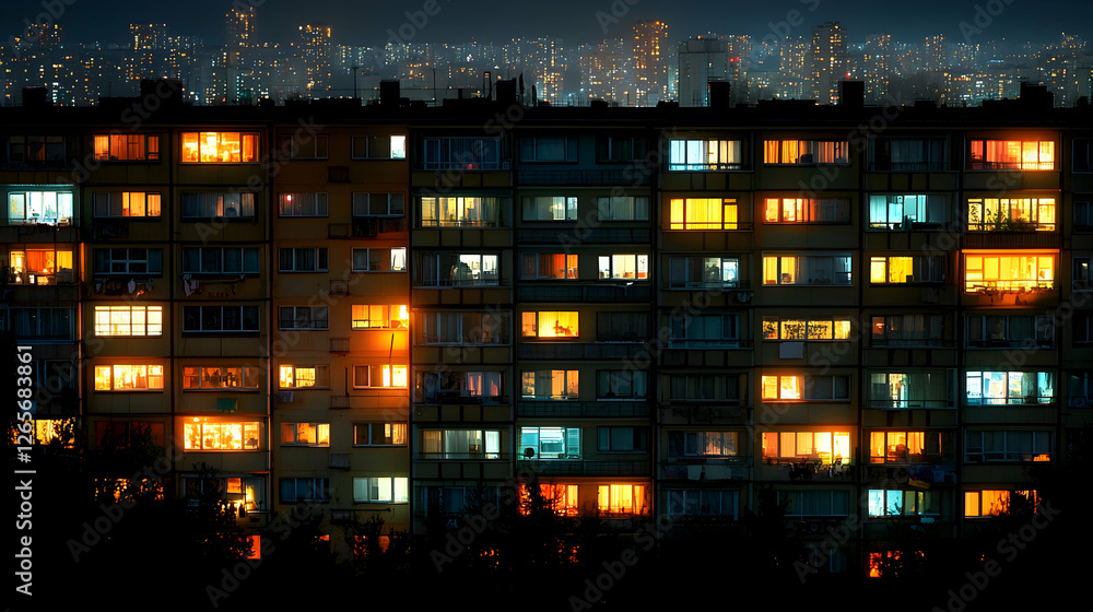 Fototapeta premium Night city lights illuminate apartment building windows. Stock photo for urban, night, city, apartment, building, home, light, window themes