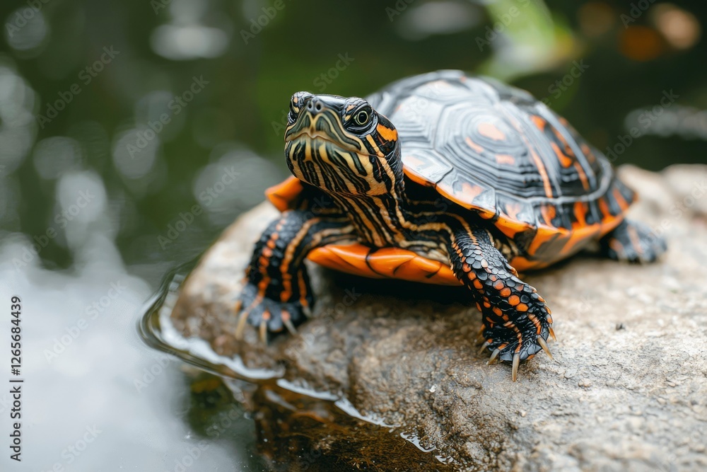 Turtle resting on a rock, near a pond, in natural habitat. Conservation topic Turtle resting on a rock, near a pond, in natural habitat. Conservation topic
