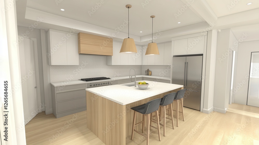 Fototapeta premium Bright and modern kitchen featuring a central island counter