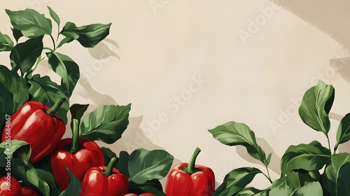 Vibrant Red Bell Peppers and Lush Greens on Neutral Background