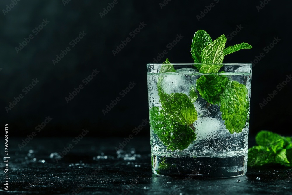 Refreshing mint and ice drink on table against dark backdrop for beverage ads Refreshing mint and ice drink on table against dark backdrop for beverage ads