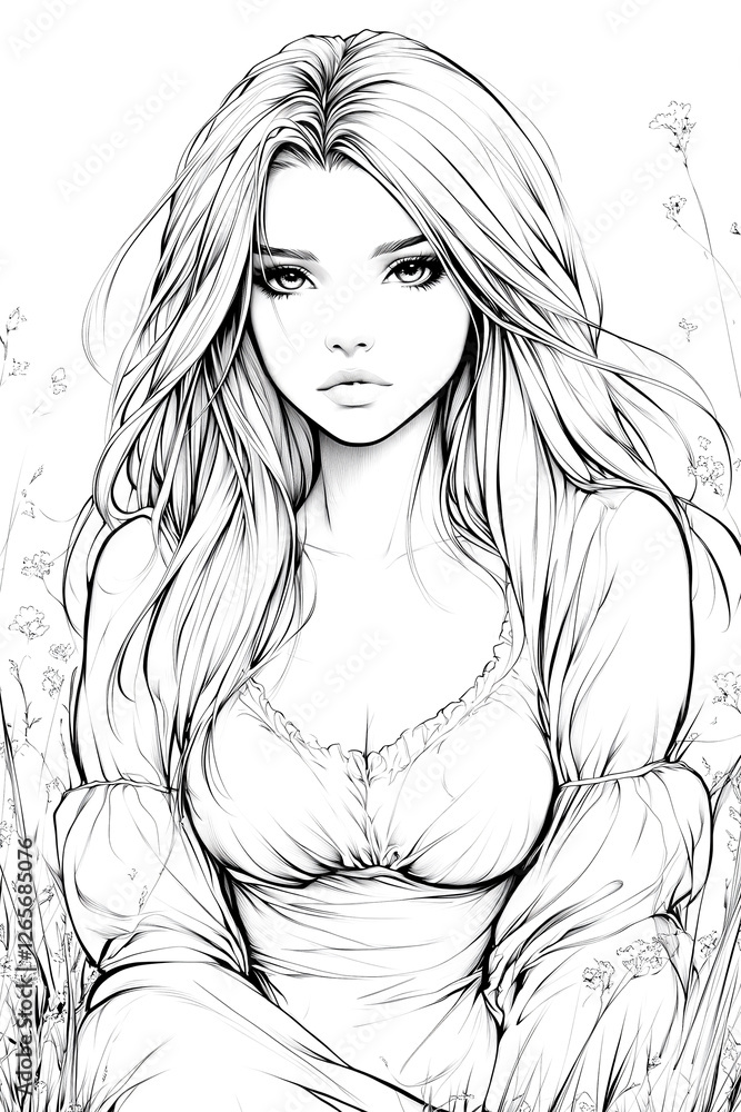 A woman with long hair is sitting in a field. She is wearing a white dress and has a serious expression on her face A woman with long hair is sitting in a field. She is wearing a white dress and has a serious expression on her face