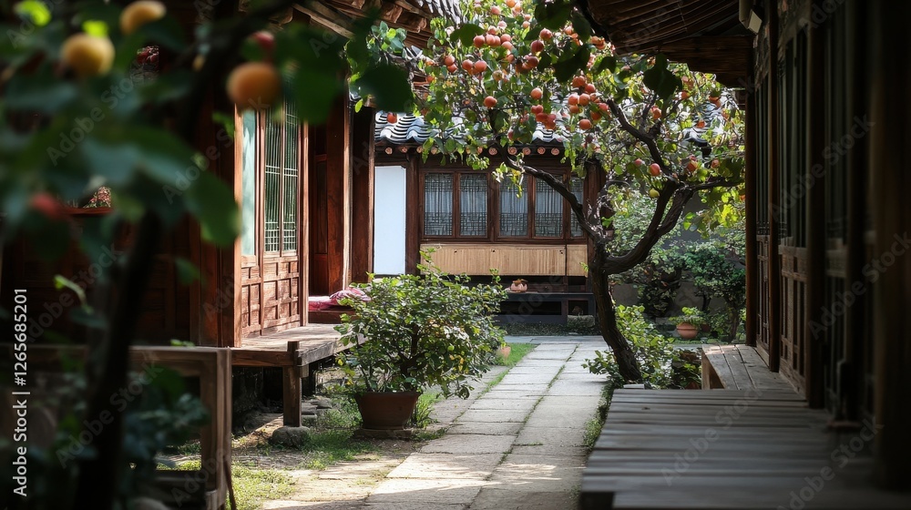 Fototapeta premium Peaceful traditional asian garden path with persimmon tree in bloom