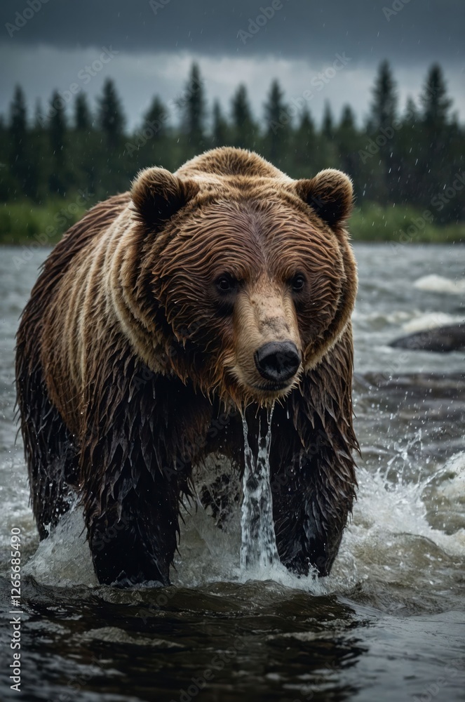A brown bear wades through a river, creating splashes as it moves in a natural setting. A brown bear wades through a river, creating splashes as it moves in a natural setting.