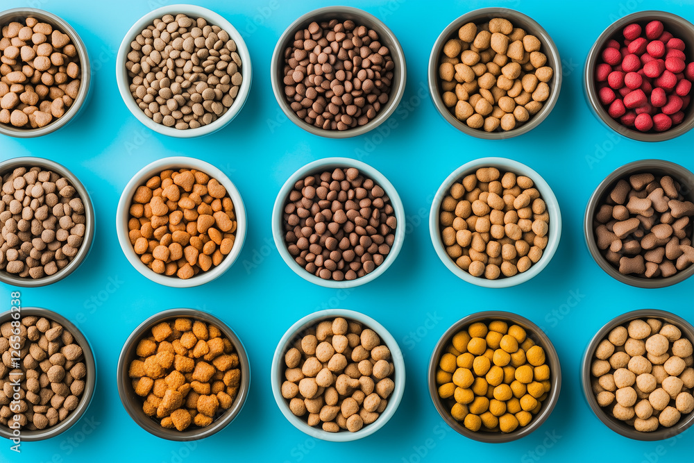 Fototapeta premium Various types of pet food in bowls arranged on a bright blue surface showcasing colors and textures
