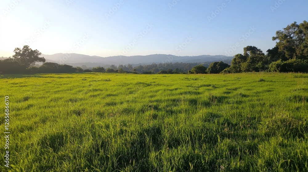 Fototapeta premium A serene landscape featuring a lush green field with hills and trees under a clear blue sky.