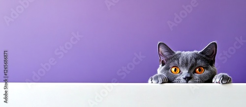 Curious grey cat peeking over white surface against purple background.