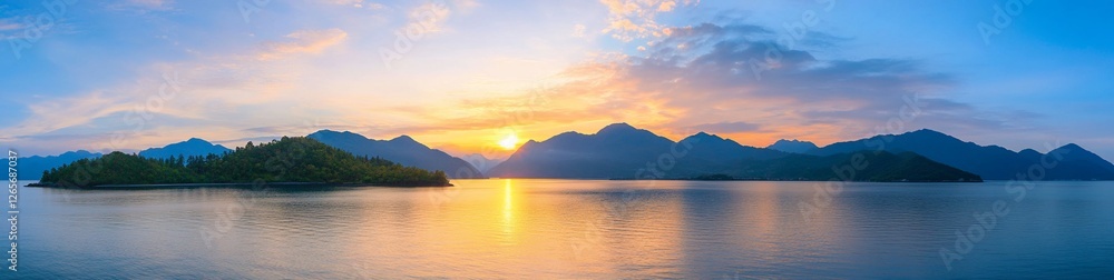 Serene Lake at Sunset Island reflects golden light. Tranquil scenery Serene Lake at Sunset Island reflects golden light. Tranquil scenery