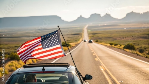 American Flag on Car Traveling on Open Road against a Mountain Backdrop