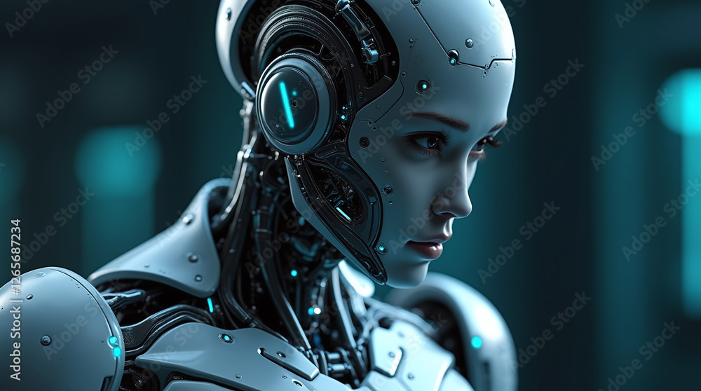 High-tech Futuristic Advanced Humanoid Robot with AI Artificial Intelligence Robotics Technology, Sleek Metallic Design High-tech Futuristic Advanced Humanoid Robot with AI Artificial Intelligence Robotics Technology, Sleek Metallic Design