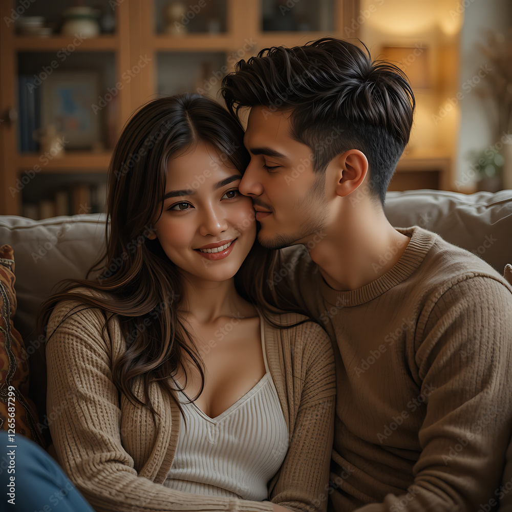 Young Couple Sharing Intimate Whisper on Cozy Couch Young Couple Sharing Intimate Whisper on Cozy Couch